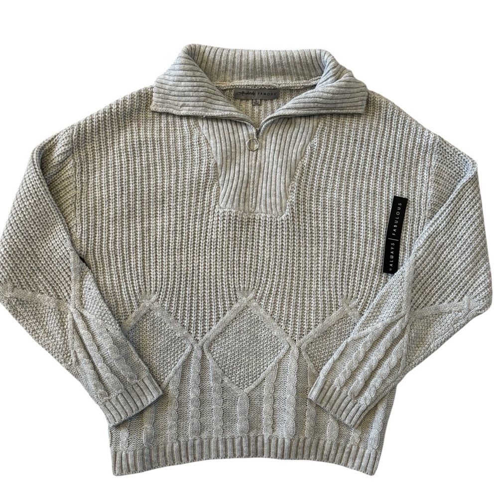 Absolutely Famous Gray Cable Knit Half Zip Sweater Ring Pull Chunky Cozy L NWT